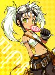  bag belt candy collarbone echo_(elsword) elsword food gloves goggles goggles_on_head green_eyes highres hwansang licking lollipop midriff navel potion twintails white_hair 