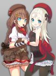  arm_warmers belt_pouch beret blonde_hair blue_eyes braid buttons chocolate commentary fn_fnc_(girls_frontline) food_in_mouth girls_frontline grey_background hair_ribbon hat holding_hands jamgom long_braid long_hair looking_at_viewer mp5_(girls_frontline) multiple_girls pantyhose pouch ribbon scarf shirt short_hair simple_background single_braid sleeveless sleeveless_shirt 
