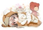  absurdres animal_costume bandages bangs bear_costume blurry blurry_background boko_(girls_und_panzer) brown_eyes closed_mouth commentary_request excel_(shena) floral_background girls_und_panzer highres holding holding_stuffed_animal light_brown_hair looking_at_viewer lying on_side onesie pajamas shimada_arisu short_hair smile solo sparkle stuffed_animal stuffed_toy teddy_bear 