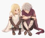  1girl bandages blonde_hair blush cloak closed_eyes dress fringe_trim gloves hair_over_one_eye jewelry long_hair octopath_traveler ophilia_(octopath_traveler) scarf short_hair simple_background sleeping smile therion_(octopath_traveler) white_hair wspread 