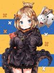  :&lt; abigail_williams_(fate/grand_order) animal_print balloon bangs black_bow black_jacket blonde_hair blue_eyes blush bow closed_mouth commentary_request eyebrows_visible_through_hair fate/grand_order fate_(series) fou_(fate/grand_order) hair_bow hair_bun head_tilt heroic_spirit_traveling_outfit highres jacket long_hair long_sleeves looking_at_viewer medjed melings_(aot2846) object_hug orange_bow parted_bangs polka_dot polka_dot_bow sleeves_past_fingers sleeves_past_wrists solo star stuffed_animal stuffed_toy suction_cups teddy_bear tentacles tiger_print 