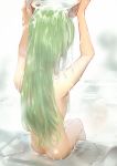  ass back breasts bucket buckle c.c. code_geass creayus facing_away from_behind green_hair legs_together long_hair nude onsen outdoors pouring sideboob simple_background sitting solo steam straight_hair water wet wet_hair wooden_bucket 