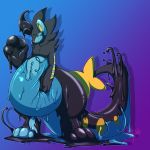  4_fingers anthro belly big_belly black_fur blue_fur blue_skin blush brown_eyes crimsoneclipse dripping fur goo goodra growth hyper hyper_belly luxray male nintendo pok&eacute;mon pok&eacute;mon_(species) shinespark simple_background smile solo thick_thighs transformation video_games 