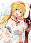  :d aestus_estus ahoge bead_bracelet beads bikini bracelet breasts collarbone commentary_request fate/grand_order fate_(series) green_eyes holding holding_sword holding_weapon jewelry large_breasts long_hair looking_at_viewer navel nero_claudius_(fate)_(all) nero_claudius_(swimsuit_caster)_(fate) open_mouth simple_background smile solo striped striped_bikini swimsuit sword weapon white_background yon_(letter) 