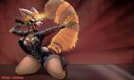  angry anthro breasts clothed clothing female fishnet fishnet_legwear holding_microphone kneeling leather legwear mammal open_mouth punk red_panda retsuko sajik solo thick_thighs 