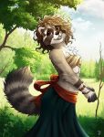  2019 5_fingers anthro black_nose breasts brown_eyes day detailed_background digital_media_(artwork) female mammal outside procyonid raccoon sky smile tasanko 