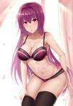  :o backlighting bare_shoulders blush bra breasts cherry_blossoms cleavage collarbone curtains fate/grand_order fate_(series) hair_intakes highres large_breasts lingerie long_hair looking_at_viewer panties purple_hair red_eyes scathach_(fate)_(all) scathach_(fate/grand_order) solo thighhighs thighhighs_pull underwear window yinyu_(nico) 