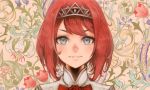  ark_royal_(kantai_collection) blue_eyes blush commentary_request eyebrows_visible_through_hair floral_background fujinozu kantai_collection looking_at_viewer red_hair short_hair smile solo tiara 