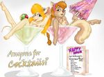  2007 alcohol anthro bath beverage braided_hair breasts chest_tuft chip_&#039;n_dale_rescue_rangers cocktail disney duo eyewear eyewear_on_head female food gadget_hackwrench goggles hair hairband holding_food holding_object invalid_color looking_at_viewer mammal menu mouse nipples olive partially_submerged ponytail pussy rodent sign simple_background small_breasts smile spread_legs spreading squirrel style_wager tammy_squirrel text tuft umbrella white_background wine_glass 