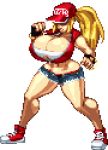  baseball_cap blonde_hair bouncing_breasts breasts cleavage denim denim_shorts hat huge_breasts midriff pixel_art ponytail short_shorts shorts snk snk_heroines:_tag_team_frenzy terry_bogard the_king_of_fighters 