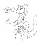  2018 anthro clothed clothing dialogue digital_media_(artwork) ear_piercing english_text female happy monochrome name_tag open_mouth piercing quadduck reaction_image reptile scalie shirt simple_background sketch smile snake solo speech_bubble standing tank_top text thumbs_up white_background 