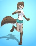  2018 anthro blue_eyes breasts brown_hair canine casual_nudity clothed clothing digitigrade featureless_breasts feline female fur gloves_(marking) grey_fur hair hi_res hybrid kathrin_(twokinds) keidran mammal markings navel on_one_leg open_mouth open_smile ruth66 shorts simple_background smile socks_(marking) solo spots spotted_fur standing topless twokinds white_fur 