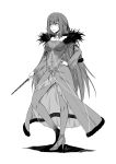  absurdres bare_shoulders breasts cameltoe cleavage commentary_request dress fate/grand_order fate_(series) fur_trim greyscale hair_ribbon hand_on_hip high_heels highres large_breasts long_hair md5_mismatch monochrome onaya_masakazu pantyhose ribbon scathach_(fate)_(all) scathach_skadi_(fate/grand_order) simple_background solo standing tiara very_long_hair wand 