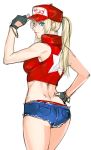  ass bare_shoulders baseball_cap blonde_hair blue_eyes breasts cropped_jacket denim denim_shorts fingerless_gloves from_behind genderswap genderswap_(mtf) gloves hat hat_tip highres lips looking_back ponytail short_shorts shorts simple_background sleeveless snk snk_heroines:_tag_team_frenzy solo terry_bogard tetsu_(kimuchi) the_king_of_fighters white_background 