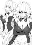  absurdres ahoge apron arm_at_side arm_under_breasts artoria_pendragon_(all) artoria_pendragon_(swimsuit_rider_alter) artoria_pendragon_(swimsuit_rider_alter)_(cosplay) bare_shoulders bikini blush braid breast_hold breasts cosplay cowboy_shot eyebrows_visible_through_hair fate/grand_order fate_(series) french_braid frilled_bikini_top greyscale haruyuki_(yukichasoba) highres jacket jeanne_d'arc_(alter)_(fate) jeanne_d'arc_(fate)_(all) large_breasts leg_garter long_hair looking_at_viewer looking_to_the_side maid_bikini maid_headdress monochrome multiple_persona multiple_views navel one_eye_closed open_clothes open_jacket saber_alter stomach swimsuit tears very_long_hair waist_apron 