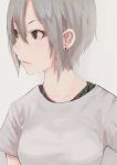  alternate_costume arm_at_side bangs breasts brown_eyes casual collarbone collared_shirt earrings eyelashes grey_background grey_shirt idolmaster idolmaster_cinderella_girls jewelry lips looking_away looking_to_the_side medium_breasts parted_lips sawarakajin shiomi_shuuko shirt short_hair short_sleeves silver_hair solo stud_earrings upper_body 