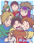  5boys antenna_hair armor bandana black_hair blonde_hair brown_hair chinese_clothes cleo_(suikoden) commentary_request facial_scar gensou_suikoden gensou_suikoden_i gloves gremio long_hair multiple_boys pahn scar scar_on_cheek short_hair t_t_n ted_(suikoden) teo_mcdohl tir_mcdohl 