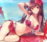  bikini breasts cleavage commentary_request fate/grand_order fate_(series) flower gae_bolg hair_flower hair_ornament hand_behind_head kagachi_saku large_breasts long_hair navel ocean polearm purple_hair red_eyes sarong scathach_(fate)_(all) scathach_(swimsuit_assassin)_(fate) smile solo spear swimsuit weapon 