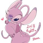  &lt;3 2018 4_fingers alien angel_(lilo_and_stitch) antennae back_markings blowing_kiss blue_mouth blue_tongue butt butt_pose claws digital_drawing_(artwork) digital_media_(artwork) disney experiment_(species) eyelashes fur hand_on_hip harara hi_res lilo_and_stitch looking_at_viewer looking_back markings one_eye_closed open_mouth open_smile pawpads pink_fur pose purple_claws purple_eyes purple_nose purple_pawpads signature simple_background small_tail smile solo white_background wink 