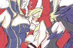 armor artoria_pendragon_(all) artoria_pendragon_(lancer) artoria_pendragon_(lancer_alter) bandeau between_breasts blonde_hair braid breasts cape cleavage fate/grand_order fate_(series) flat_color french_braid fur-trimmed_cape fur_trim gauntlets girl_sandwich gold_trim hair_ornament hair_scrunchie large_breasts mordred_(fate) mordred_(fate)_(all) multiple_girls pauldrons ponytail red_cape red_scrunchie sandwiched scrunchie sideboob sidelocks takatsuki_nato translation_request underboob 