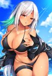  azur_lane bare_shoulders bikini bikini_top black_bikini black_jacket blue_sky blush body_markings breasts cleavage colored_eyelashes cowboy_shot dark_skin day eyebrows_visible_through_hair hands_on_own_chest highres huge_breasts jacket leaning_forward lips long_hair looking_at_viewer massachusetts_(azur_lane) monotosu multicolored_hair native_american open_clothes open_mouth orange_eyes outdoors parted_lips silver_hair skindentation sky solo stomach sunlight swimsuit swimsuit_under_clothes thick_thighs thigh_strap thighs underboob wide_hips 