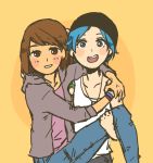  :d arm_around_shoulder bangs black_hat blue_eyes blue_hair blue_pants blush_stickers bracelet brown_eyes brown_hair brown_jacket carrying chloe_price commentary denim english_commentary hat hug jacket jeans jewelry life_is_strange long_sleeves looking_at_viewer max_caulfield multiple_girls necklace open_clothes open_jacket open_mouth orange_background pants parted_lips princess_carry round_teeth short_hair simple_background smile sooyun_choi tank_top tattoo teeth white_tank_top 