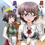  akaboshi_koume black_bra blue_eyes blush bra bra_through_clothes breasts brown_hair commentary_request duffle_bag extra fanning_self girls_und_panzer green_eyes hot lace lace-trimmed_bra large_breasts locker locker_room mauko_(girls_und_panzer) multiple_girls nakahira_guy open_mouth see-through shirt skirt sweat t-shirt translation_request underwear undressing wavy_mouth wet wet_clothes wet_shirt 