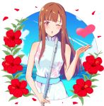  brown_eyes brown_hair dress floating_hair floral_print flower heart hibiscus highres holding holding_instrument idolmaster idolmaster_cinderella_girls instrument long_hair looking_at_viewer mizumoto_yukari one_eye_closed open_mouth petals print_dress red_flower shiny shiny_hair sleeveless sleeveless_dress solo standing toufuu very_long_hair white_dress 