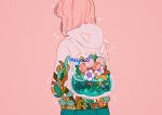 artist_name backpack bag facing_away flower hood hoodie leaf_print medium_hair meyoco original pink_background pink_flower pink_hair plant simple_background solo upper_body water white_flower 
