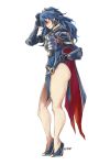  alternate_costume andyface armor artist_name blue_dress blue_hair blush breastplate cape closed_eyes commentary dress english_commentary fire_emblem fire_emblem:_kakusei fire_emblem_heroes gauntlets hand_on_hip hand_on_own_head high_heels highres legs long_hair lucina pauldrons pelvic_curtain side_slit thick_thighs thighs tiara 