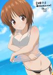  absurdres bangs bikini black_bikini blue_sky blurry blurry_background breasts brown_eyes brown_hair closed_mouth cloud cloudy_sky commentary_request cowboy_shot dated day depth_of_field dutch_angle excel_(shena) eyebrows_visible_through_hair girls_und_panzer highres lifted_by_self light_frown looking_at_viewer lowleg lowleg_bikini medium_breasts nishizumi_miho no_pants ocean partial_commentary shirt shirt_lift short_hair side-tie_bikini sky solo swimsuit twitter_username undressing watermark white_shirt 