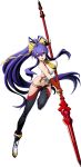  1girl antenna_hair black_pants blazblue blazblue:_cross_tag_battle boots breasts full_body genderswap genderswap_(mtf) halter_top halterneck highres hip_vent large_breasts mai_natsume midriff official_art pants pink_eyes polearm ponytail purple_hair sideboob solo spear tagme transparent_background weapon 