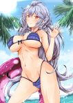  bikini blue_sky blush bow_bikini braid breasts closed_mouth cloud cloudy_sky commentary_request cowboy_shot day droplet eyebrows_visible_through_hair frilled_bikini frills granblue_fantasy hanchou_(shirokun555) highleg highleg_bikini holding holding_innertube innertube large_breasts long_hair looking_at_viewer messy_hair navel outdoors palm_tree purple_bikini red_eyes silva_(granblue_fantasy) sky smile solo standing string_bikini sun sunlight swimsuit thighs tree twin_braids very_long_hair waving 