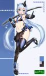  :d adapted_costume armor bangs bare_shoulders between_breasts bikini_armor black_footwear black_gloves black_legwear black_skirt blue blue_background blue_choker blue_eyes blue_hair blue_panties blush breasts choker commentary_request crossed_bangs doyouwantto elbow_gloves eyebrows_visible_through_hair frame_arms_girl frilled_choker frills full_body gloves hair_between_eyes head_tilt headgear highres holding holding_sword holding_weapon index_finger_raised katana leg_up long_hair looking_at_viewer low_twintails medium_breasts midriff navel open_mouth outstretched_arm over_shoulder panties pleated_skirt reaching_out see-through shiny shiny_hair shiny_skin sidelocks signature skirt smile solo standing standing_on_one_leg stomach striped striped_panties stylet sword sword_over_shoulder thighhighs tsurime twintails underwear very_long_hair weapon weapon_over_shoulder white_panties 