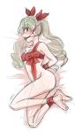  anchovy aomushi_(mushamusha) ball_gag bdsm blush bondage bound breasts commentary_request drill_hair eyebrows_visible_through_hair full_body gag girls_und_panzer green_hair long_hair lying naked_ribbon navel on_side profile red_eyes ribbon ribbon_bondage sketch small_breasts solo twin_drills 