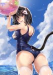  animal_ears ass azur_lane ball bangs beachball bell black_hair blue_sky blunt_bangs breasts cat_ears cat_girl cat_mask cat_tail cloud cloudy_sky commentary_request day eyebrows_visible_through_hair fox_mask from_behind highres jingle_bell large_breasts looking_at_viewer mask mask_on_head name_tag ocean one-piece_swimsuit outdoors school_swimsuit skindentation sky solo sumisuzu sunlight swimsuit tail tail_bell tail_cutout thighhighs water white_legwear yamashiro_(azur_lane) 
