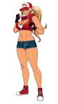  bare_shoulders baseball_cap blonde_hair blue_hair breasts bulge cap cleavage fatal_fury fingerless_gloves futanari gloves hat jacket large_breasts long_hair matoyama navel newhalf open_clothes open_jacket ponytail shoes sneakers snk_heroines:_tag_team_frenzy terry_bogard the_king_of_fighters 