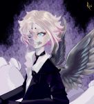  1girl b:_the_beginning black_jacket black_tie blue_eyes grey_wings izanami_(b:_the_beginning) jacket pink_hair rei shirt short_hair solo tattoo tie tomboy white_shirt wings 