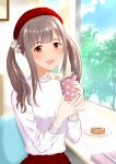  :d blush box brown_eyes brown_hair cup doughnut food gift gift_box hair_ornament hair_scrunchie hat holding holding_cup idolmaster idolmaster_cinderella_girls indoors long_hair looking_at_viewer mizumoto_yukari open_mouth red_hat red_skirt scrunchie shiny shiny_hair sitting skirt smile solo sparkle steam sweater toufuu twintails upper_body white_scrunchie white_sweater window 