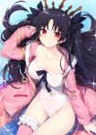  adjusting_hair bangs black_bow black_hair blush bow breasts cleavage collarbone commentary_request covered_navel covered_nipples cowboy_shot earrings fate/grand_order fate_(series) fur-trimmed_hood grin hood hood_down hoodie hoop_earrings impossible_clothes impossible_swimsuit ishtar_(fate/grand_order) ishtar_(swimsuit_rider)_(fate) jewelry leotard long_hair long_sleeves looking_at_viewer medium_breasts miko_92 one-piece_swimsuit open_clothes open_hoodie outdoors parted_bangs pink_hoodie pink_legwear red_eyes see-through shiny shiny_hair single_thighhigh sitting smile solo swimsuit thighhighs tiara two_side_up white_leotard 
