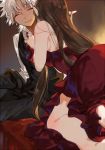  1girl amakusa_shirou_(fate) brown_hair closed_eyes dark_skin dress earrings fate/apocrypha fate_(series) jacket jacket_removed jewelry long_hair pointy_ears red_dress semiramis_(fate) very_long_hair vest white_hair yinghuo 