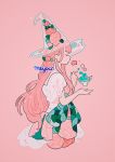  artist_name bangs braid closed_eyes cup dress drink floating floating_object flower from_side hat highres leaf leaf_print long_hair meyoco original pink_background pink_dress pink_flower pink_hair profile see-through simple_background solo sparkle upper_body witch_hat 
