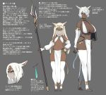  accio animal_ears bikini_top blonde_hair breasts bridal_gauntlets character_profile choker cleavage commentary_request dark_skin elbow_gloves final_fantasy final_fantasy_xiv fingerless_gloves fingernails flat_chest gloves green_eyes grey_background hair_over_one_eye hand_on_hip highres huge_breasts loincloth long_fingernails long_hair looking_at_viewer miqo'te multiple_girls navel pelvic_curtain polearm sharp_fingernails sharp_toenails short_hair sidelocks simple_background slit_pupils spear standing thighhighs toenail_polish toenails translation_request veil weapon white_bikini_top white_gloves white_hair white_legwear 