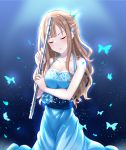  blue_background blue_dress blush brown_hair bug butterfly closed_eyes collarbone cowboy_shot dress earrings hair_ornament head_tilt holding holding_instrument idolmaster idolmaster_cinderella_girls idolmaster_cinderella_girls_starlight_stage insect instrument jewelry long_dress long_hair mizumoto_yukari open_mouth sleeveless sleeveless_dress solo standing sweatdrop toufuu 