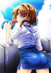  against_wall ass blue_eyes blue_jacket blue_skirt blue_sky brown_hair cloud cloudy_sky commentary_request dated day dress_shirt droplet eating eyebrows_visible_through_hair food hair_ornament hairclip holding holding_food holding_jacket jacket jacket_removed leaning_forward lyrical_nanoha mahou_shoujo_lyrical_nanoha_strikers miniskirt no_legwear outdoors pantylines pencil_skirt popsicle san-pon shirt side_slit skirt sky sleeves_rolled_up solo sun sunlight sweat tsab_naval_military_uniform twitter_username watermelon_bar white_shirt x_hair_ornament yagami_hayate 