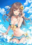  ;d bangs bare_arms bare_shoulders bikini blue_bikini blue_eyes blue_sky bracelet braid breasts brown_hair cleavage cloud cloudy_sky commentary_request day eyebrows_visible_through_hair flower flower_bracelet flower_ring frilled_bikini frills hair_between_eyes hair_flower hair_ornament hand_up highres jewelry legs_together long_hair looking_at_viewer medium_breasts momoko_(momopoco) navel one_eye_closed open_mouth original outdoors ring side_braid sky smile solo striped striped_bikini sunflower sunflower_hair_ornament swimsuit teeth thighs wading water wet 