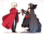  1girl :d absurdly_long_hair amakusa_shirou_(fate) black_dress black_hair boots closed_eyes commentary_request cross cross_earrings dark_skin detached_sleeves dress earrings fate/apocrypha fate_(series) fur_trim highres hood hood_down jewelry long_hair looking_at_another open_mouth pointy_ears ponita red_cloak semiramis_(fate) smile spiked_hair very_long_hair white_hair yellow_eyes 