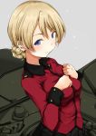  bangs blonde_hair blue_eyes blush braid clenched_hands closed_mouth commentary_request darjeeling epaulettes eyebrows_visible_through_hair girls_und_panzer grey_background half-closed_eyes hanchou_(shirokun555) jacket long_hair long_sleeves looking_at_viewer military military_uniform petals red_jacket short_hair smile st._gloriana's_military_uniform standing tank_cupola tied_hair uniform upper_body 
