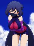 adapted_costume arms_under_breasts awa ayame_(gundam_build_divers) bangs bike_shorts black_hair black_shorts blue_sky blush breast_hold breasts cleavage cloud cloudy_sky commentary_request cowboy_shot day detached_sleeves face_mask gundam gundam_build_divers large_breasts long_hair looking_away mask ninja ninja_mask outdoors partial_commentary purple_eyes red_scarf red_shirt scarf shirt short_shorts shorts sky solo standing very_long_hair 