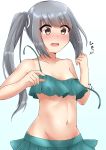  bikini blush breasts brown_eyes cleavage collarbone commentary_request eyebrows_visible_through_hair green_bikini grey_hair groin hair_between_eyes highres kantai_collection kasumi_(kantai_collection) long_hair looking_at_viewer navel open_mouth rokosu_(isibasi403) side_ponytail simple_background small_breasts solo swimsuit untied_bikini_top wardrobe_malfunction white_background 